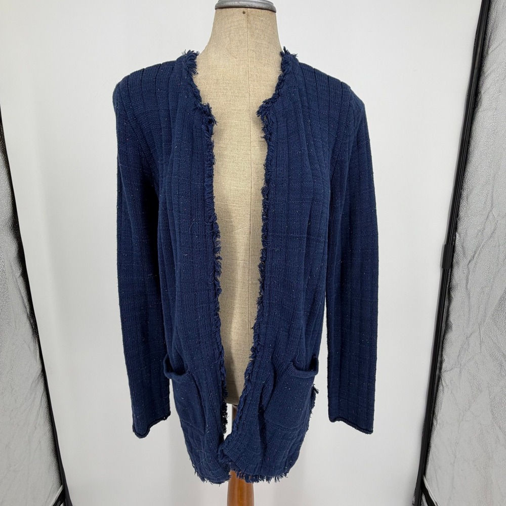 Cabi Cardigan Women M Navy Blue Fringe Trim Hook Eye Cotton Longline Sweater